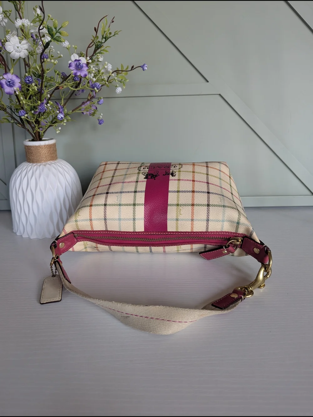 Coach Cream Plaid Canvas Shoulder Bag with Pink Accent